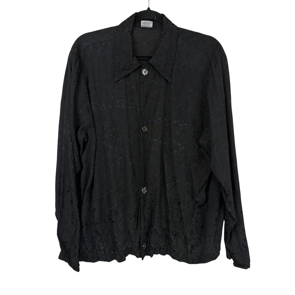 Vintage  CP Shades Black Floral Embroidered Button Up Long Sleeve Top L XL